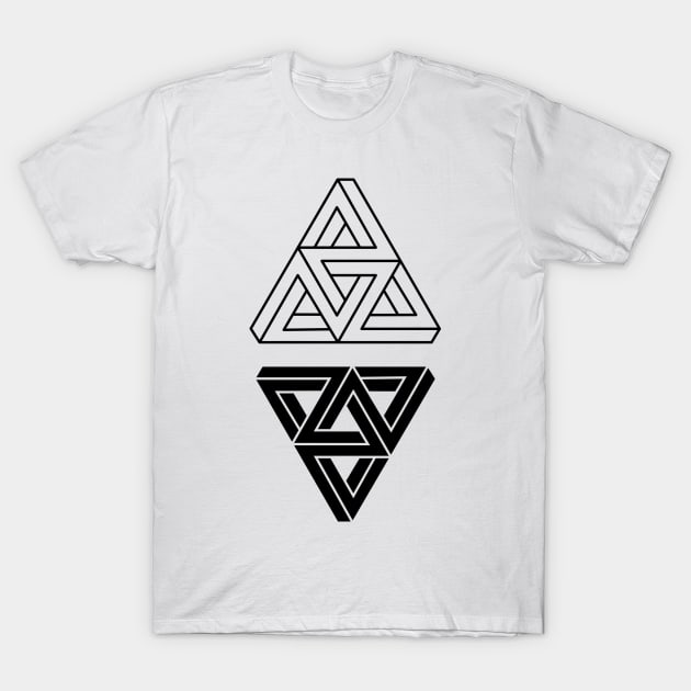 Penrose Triangles on White T-Shirt by SWAMPMEAT